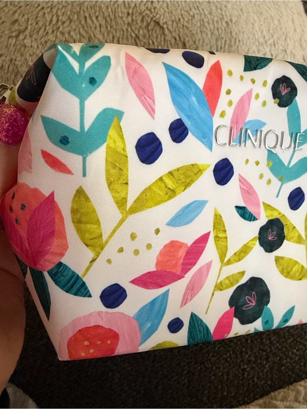 Clinique Floral Cosmetic Bag In White With Pink & Blue View 4